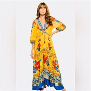 Farm Rio Floral Yard Colorful Maxi Dress Yellow Women's Size Medium
